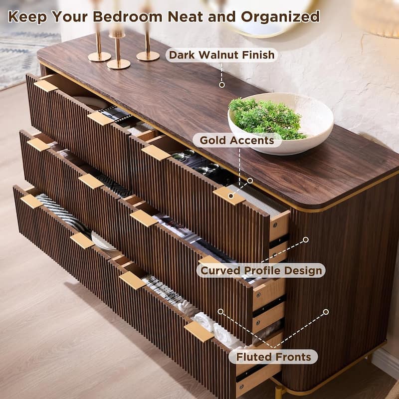 Modern Fluted 6 Drawers Dresser for Bedroom, 54" Dresser TV Stand