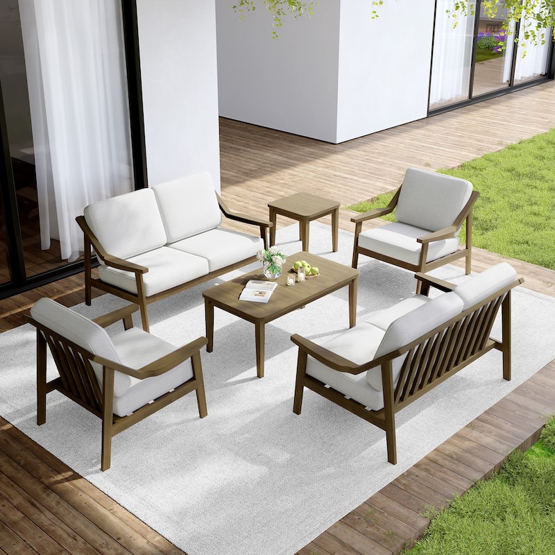 Outdoor Conversation 6 Seater Patio Chat Set with Cushions and Table - Natural Wood - Beige