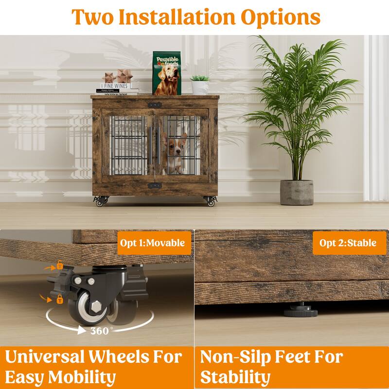 Dog Crate Indoor Heavy Duty Double Doors Wooden Dog Cage with Cushion