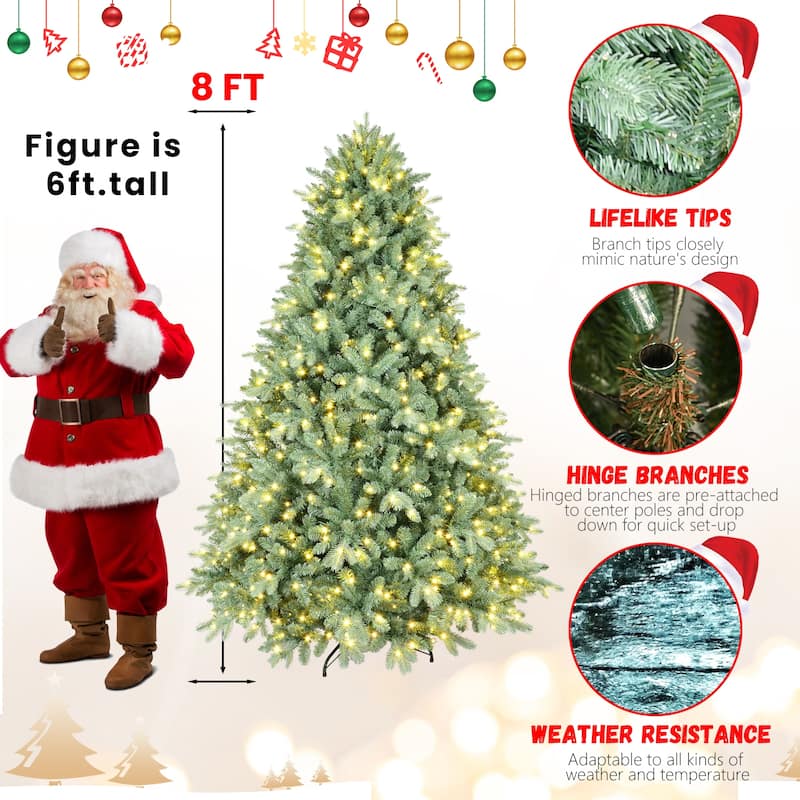 8FT Blue Pre-Lit Christmas Tree with 900 Warm White LED Lights-3308 PE+PVC Tips, Hinged Branches for Easy Setup
