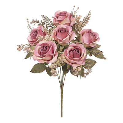 Set of 2 Rose Mauve Artificial Rose Flower Stem Bush Bouquet 15in - 15" L x 8" W x 8" DP