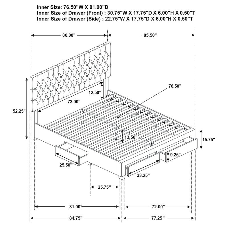 King Size Upholstered Storage Bed with 4 Built-In Drawers and Tufted Headboard