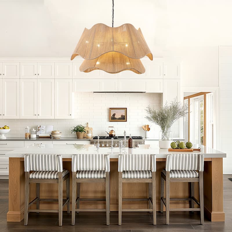 8-Light Matte Black 2-Tiered Hand Woven Natural Rattan Chandelier Modern Ceiling Light - 39.57 Wide