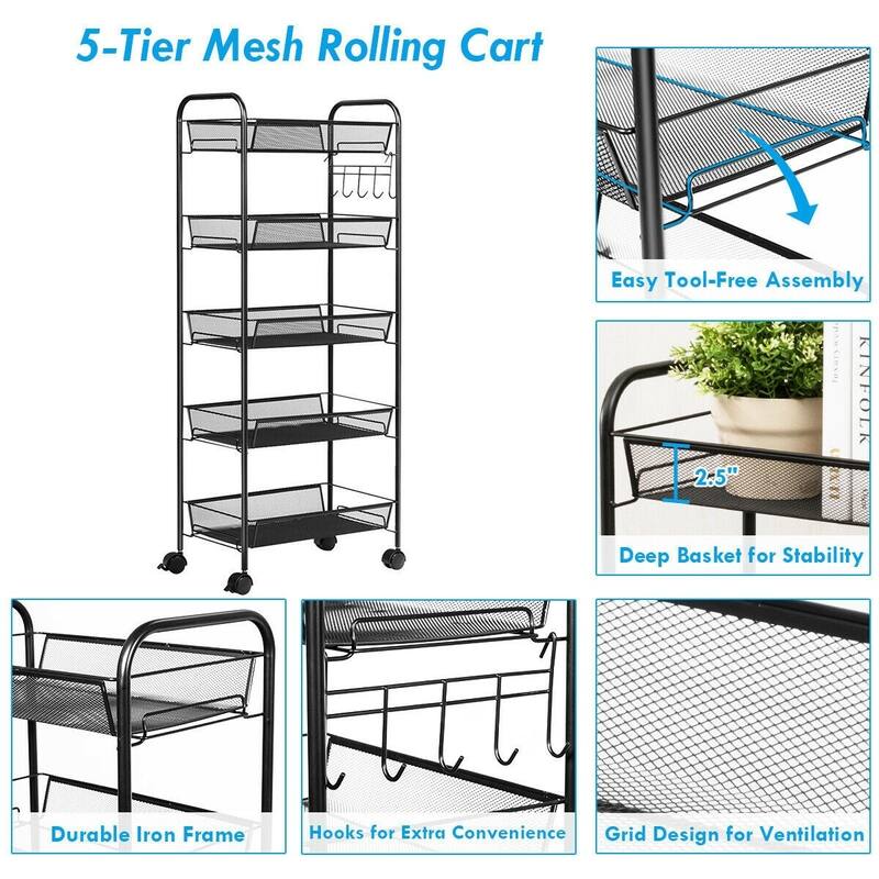 5 Tier Mesh Rolling File Utility Cart Storage Basket - 17" x 10" x 41'' (L x W x H)