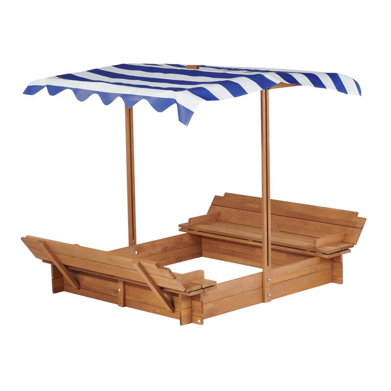 Kids Sandbox with Adjustable Cover, 46" Wooden Sand Box with 2 Foldable Bench Seats, Outdoor Sandpit for Backyard Play