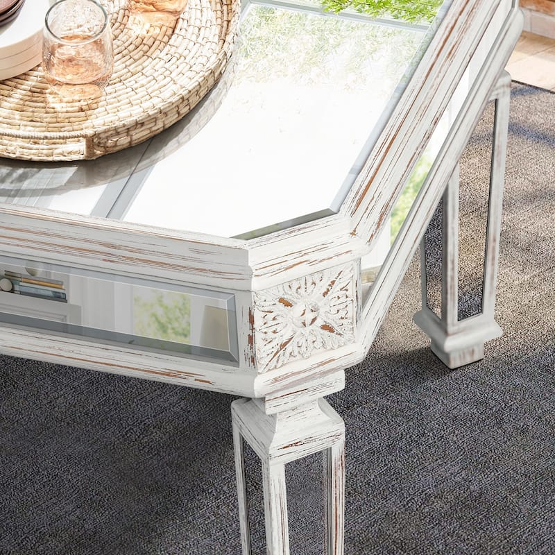 Vintage-Inspired Mirrored Coffee Table with Exquisite Carvings for Living and Office
