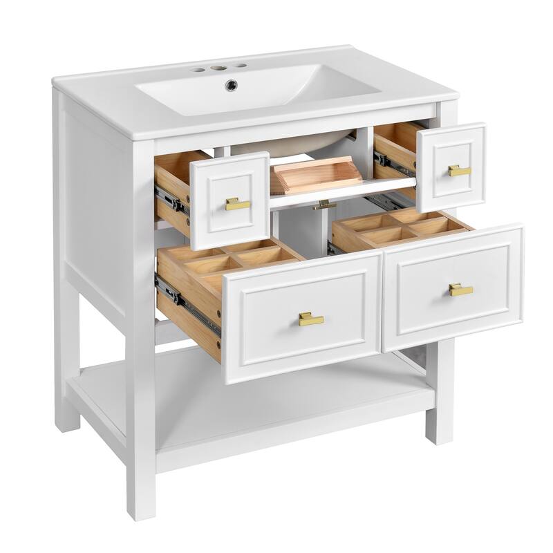 GDFStudio - Brookline Modern Freestanding Bathroom Vanity Set with Ceramic Sink and 5 Storage Drawers - 30'W