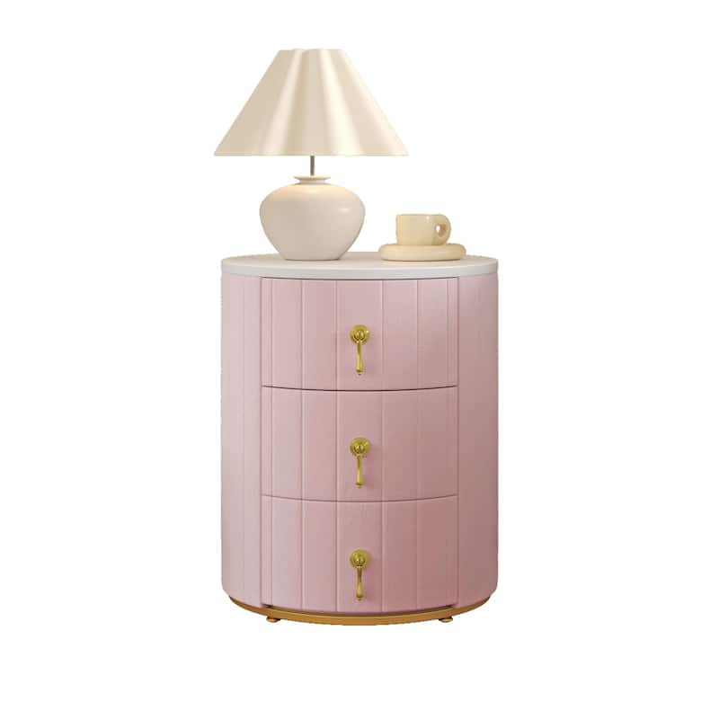 Round Nightstand with 3 Drawers, Velvet Upholstered Storage Cabinet, Sofa Side Table with Marble Table Top & Metal Legs