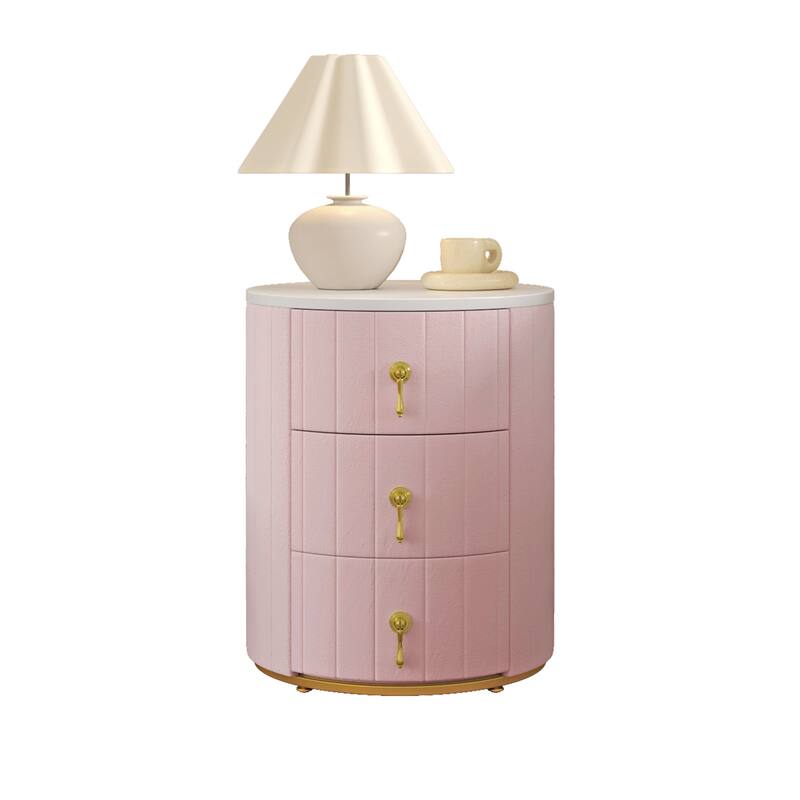 Upholstered 3-Drawer Nightstand - Round Marbling Top Bedside Table (Fully Assembled Except Handles, Pink)