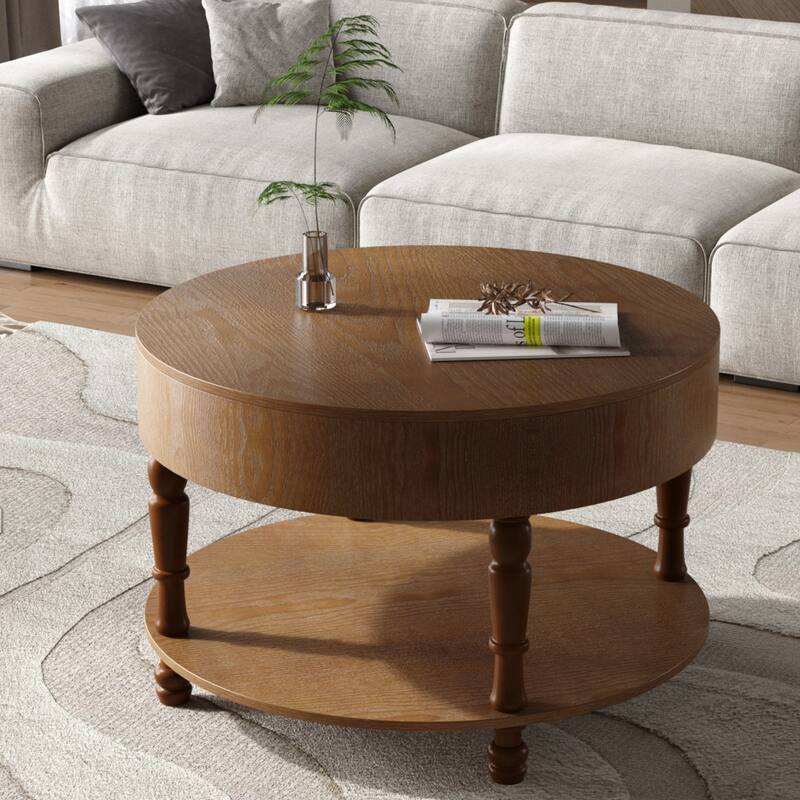 31.5" Modern Round Coffee Table with Storage & Adjustable Feet
