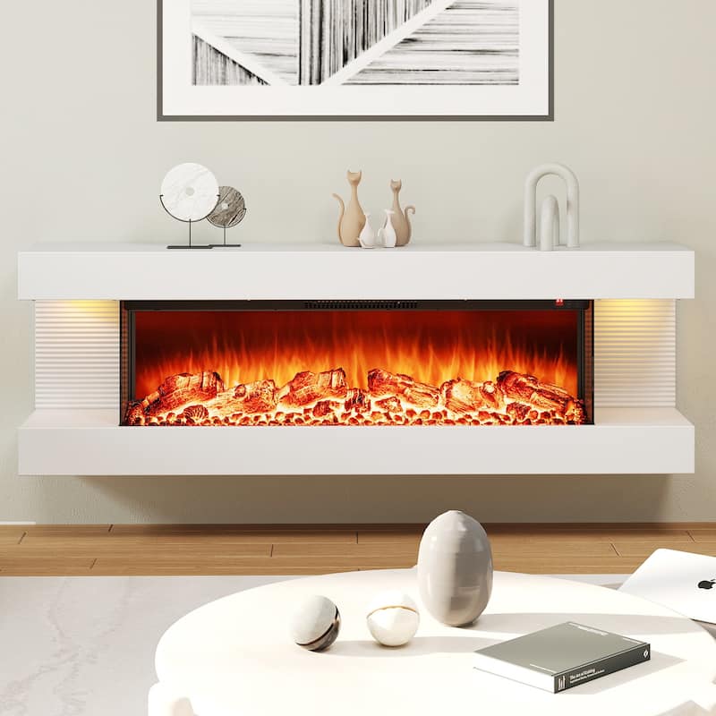 White Wall Mounted Floating Electric Fireplace with and 3-Sided Tempered Glass and Remote Control