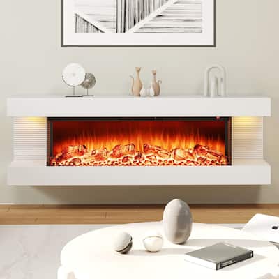 White Wall Mounted Floating Electric Fireplace with and 3-Sided Tempered Glass and Remote Control