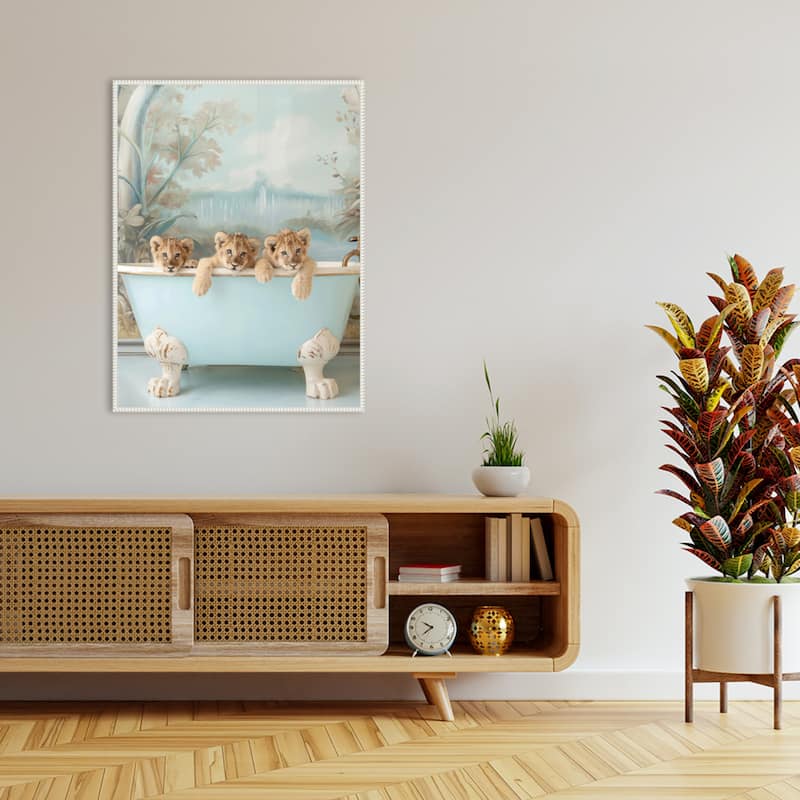 Blue Lagoon Lion Cubs by Niky Rahner Framed Canvas Wall Art