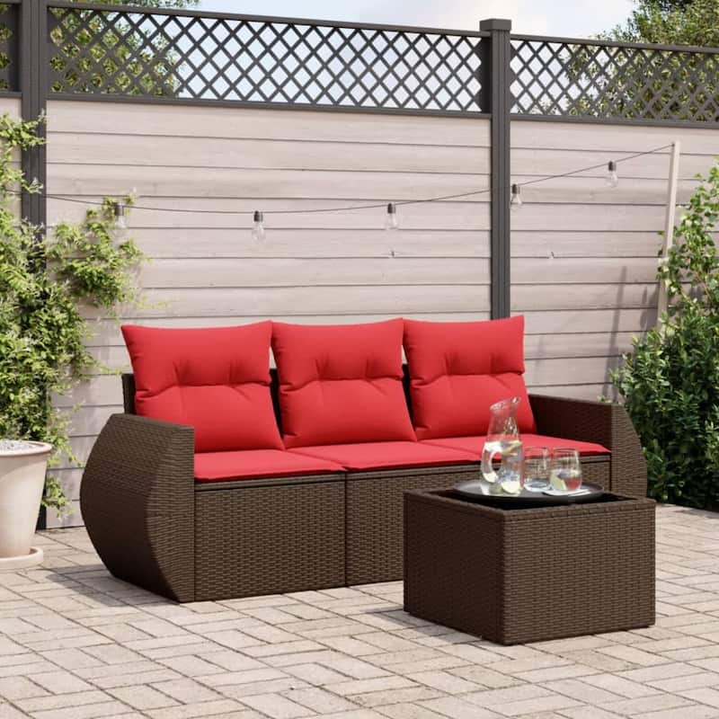 vidaXL Patio Sofa Set with Cushions Outdoor Conversation Furniture Poly Rattan - 21.7 x 24.4 x 27.2 - Brown and Red-With table