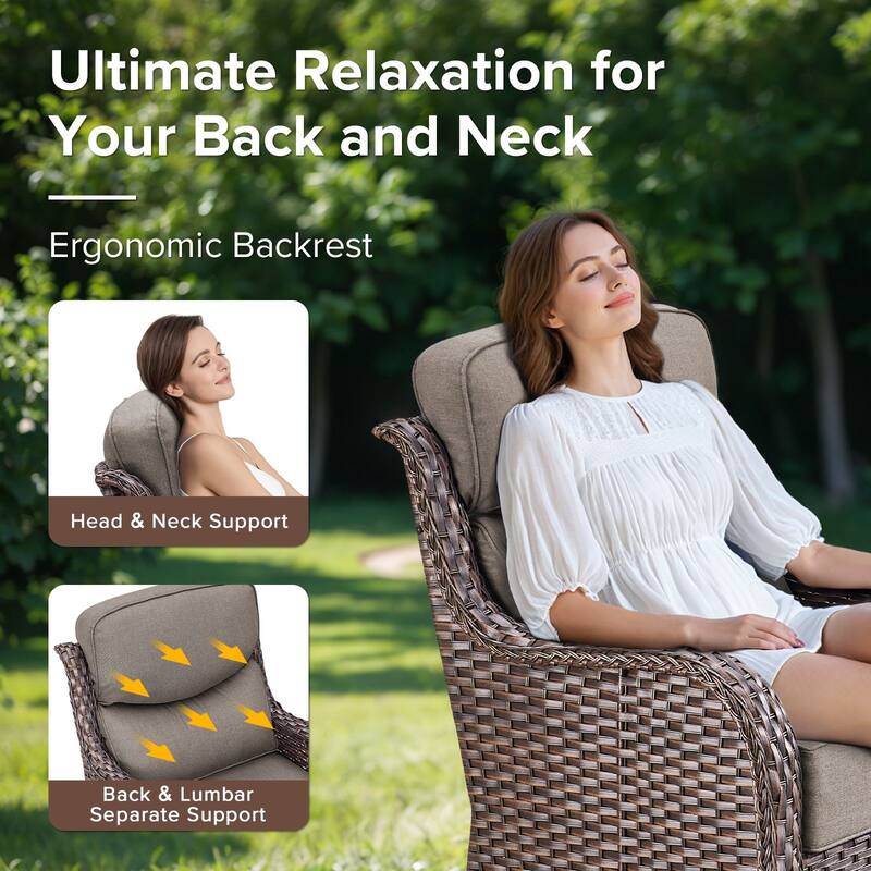 Gymojoy 9-Piece Wicker Patio Furniture Sofa Set with Fire Pit Table, 6-Inch Thick Cushion Swivel Glider Chairs & Ottomans