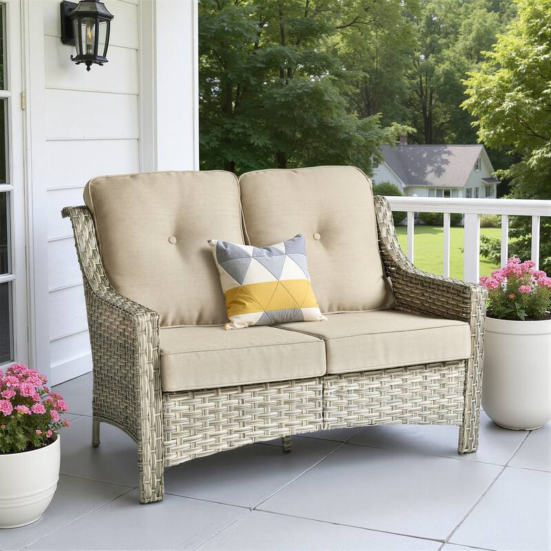 XIZZI Patio Wicker Loveseat with Cushions Outdoor 2-Seater Sofa for Patio, Deck, or Backyard - Beige