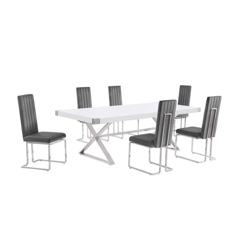 Best Quality Furniture D442/3-SC340-7 Dining Set with 94" White Lacquer Wood Top