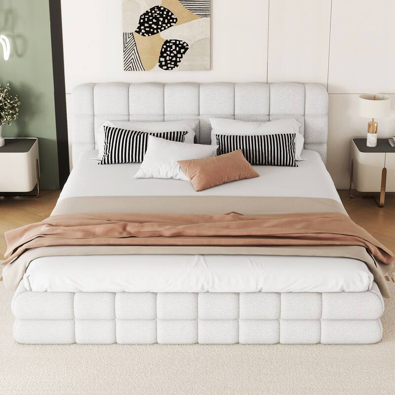 Modern Upholstered Platform Bed Frame Grounded Bed Frame with Striped Headboard/Wood Slats Support/No Box Spring/Easy Assembly