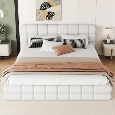 Queen Size Upholstered Platform Bed, White