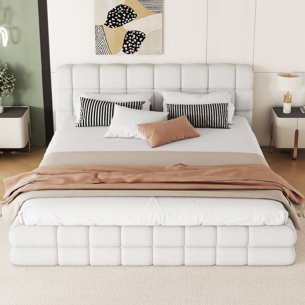 Queen Size Upholstered Platform Bed with Headboard, White