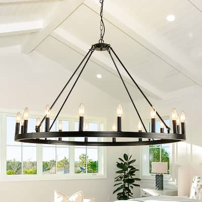 16-Light Black Wagon Wheel Chandelier Farmhouse Chandelier Diam 43-inch Large Round Pendant Light Fixture