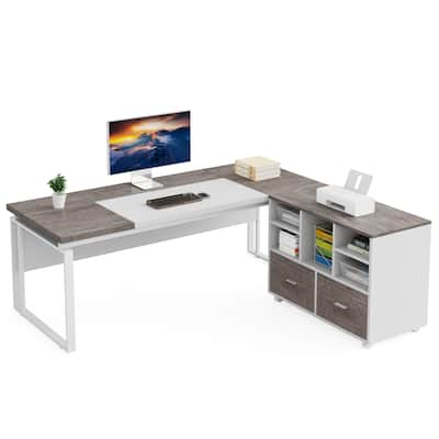 63" L-Shaped Corner Executive Computer Desk and Rolling File Cabinet Set for Home Office