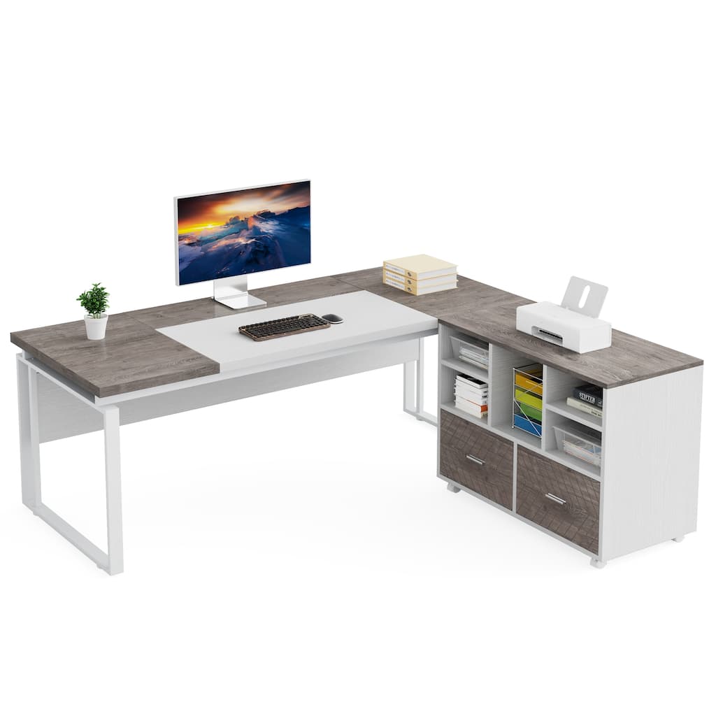 63" L-Shaped Corner Executive Computer Desk and Rolling File Cabinet Set for Home Office