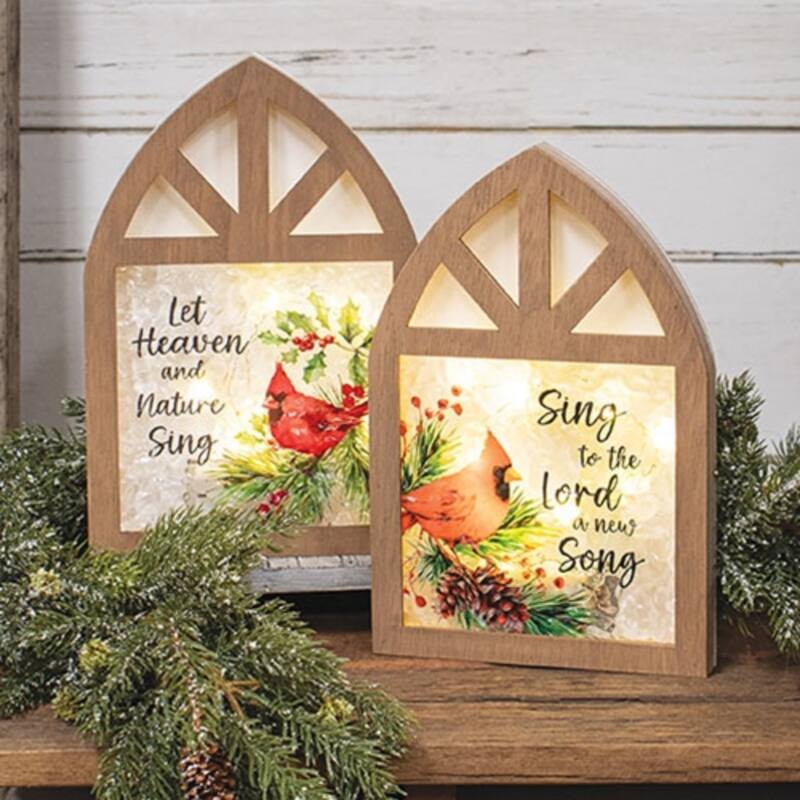 Brown Natural Wood LED Cardinal Window Sitters with Script and Lights for Decor, 2 Asstd. - 6.25” L X 1” W x 9.50” H