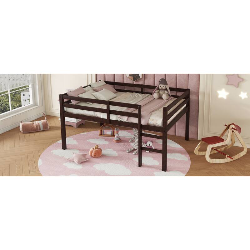 Roomfitters Full/Twin Rubber Wood Loft Bed with Ladder, Reinforced Slat Platform, Low Height Design, Espresso