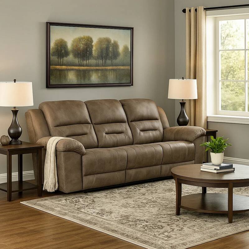 Henry 92 Inch Dual Manual Recliner Sofa Brown Microfiber, Solid Wood, Metal