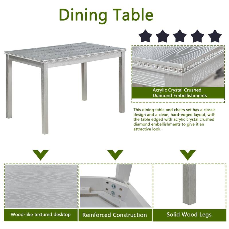 5-Piece, Modern Dining Table Set with Crystal-Embellished Dining Table and 4 Upholstered Dining Chairs, for Dining Rooms, White