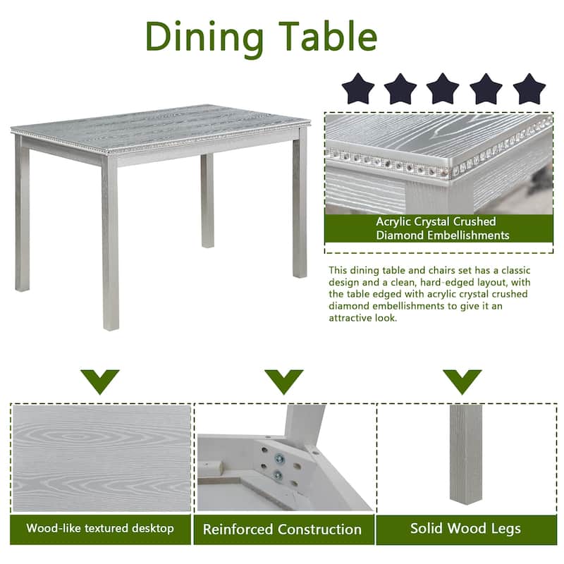 GDFStudio - Glenridge 5-Piece Classic Crystal Design Rectangular Dining Table Set with 4 Upholstered Chairs