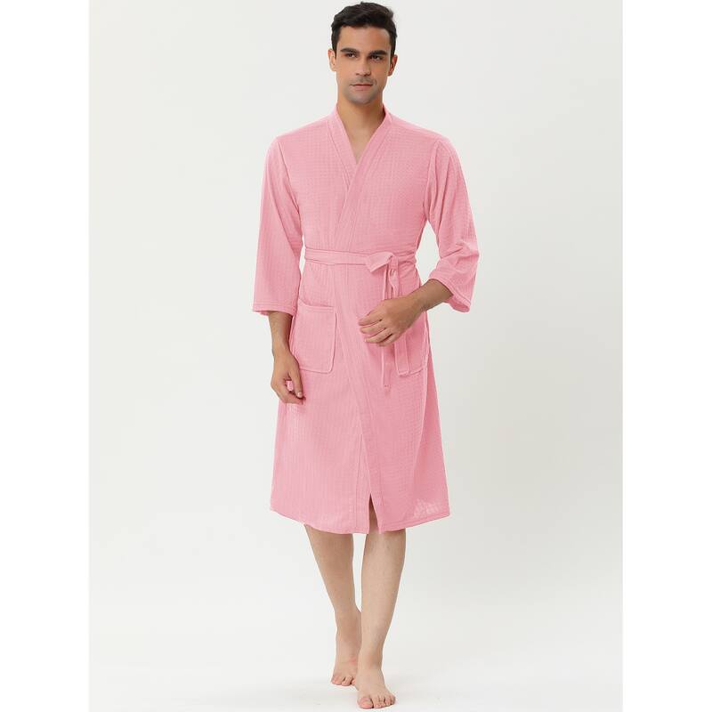 Men's Waffle Bathrobe Solid Color Sleepwear 3/4 Sleeve Kimono Spa Robe - Pink - XS