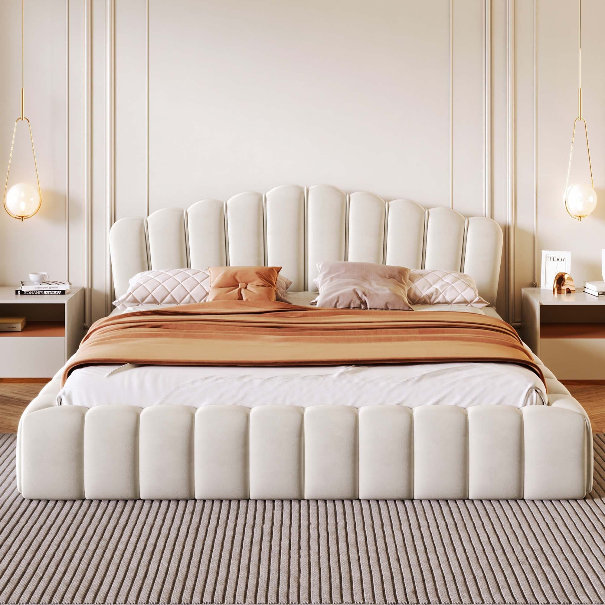 Velvet Upholstered Floor Bed Frame Shell-Shaped Headboard