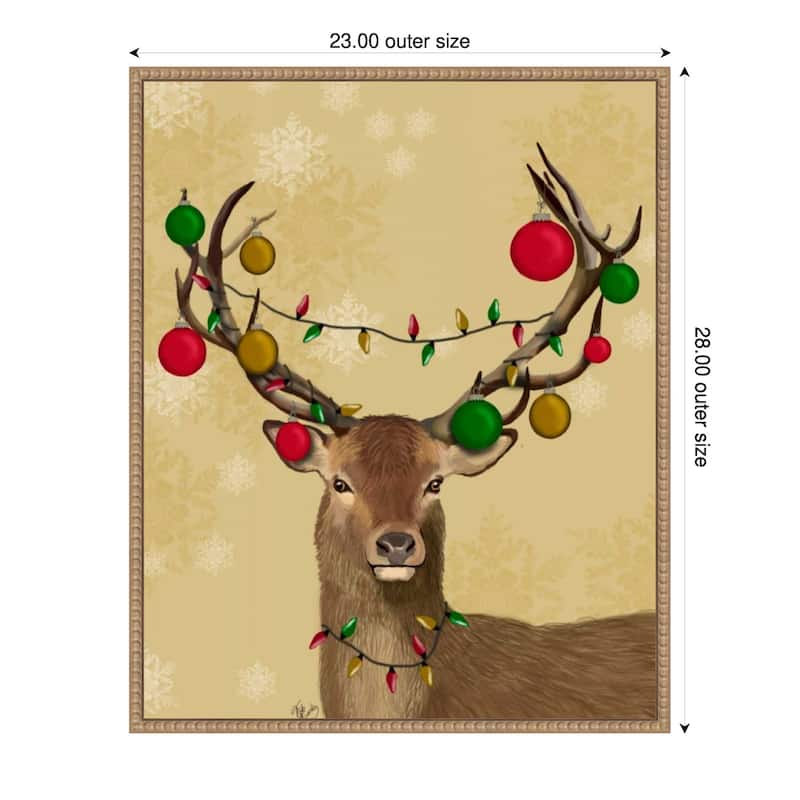 Stag and Baubles by Fab Funky (23 x 28 in.), Framed Canvas Wall Art Print - Sylvie Beaded Rustic Natural