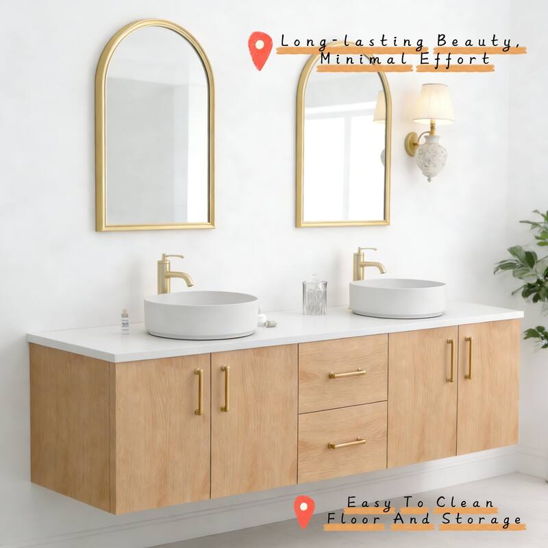 Prismella 60" 72" 84" Floating Vanity with Round Vessel Sink, Quartz Top