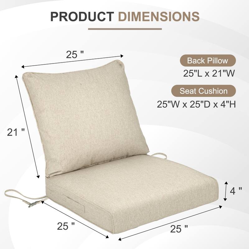 Aoodor Outdoor Deep Seat Cushion Set, Waterproof Patio Furniture Cushions with Adjustable Straps & Removable Cover, Set of 2
