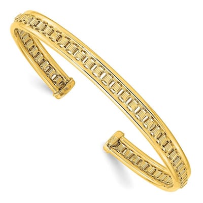 Curata 14k Yellow Gold Polished and Textured Cuff Stackable Bangle Bracelet