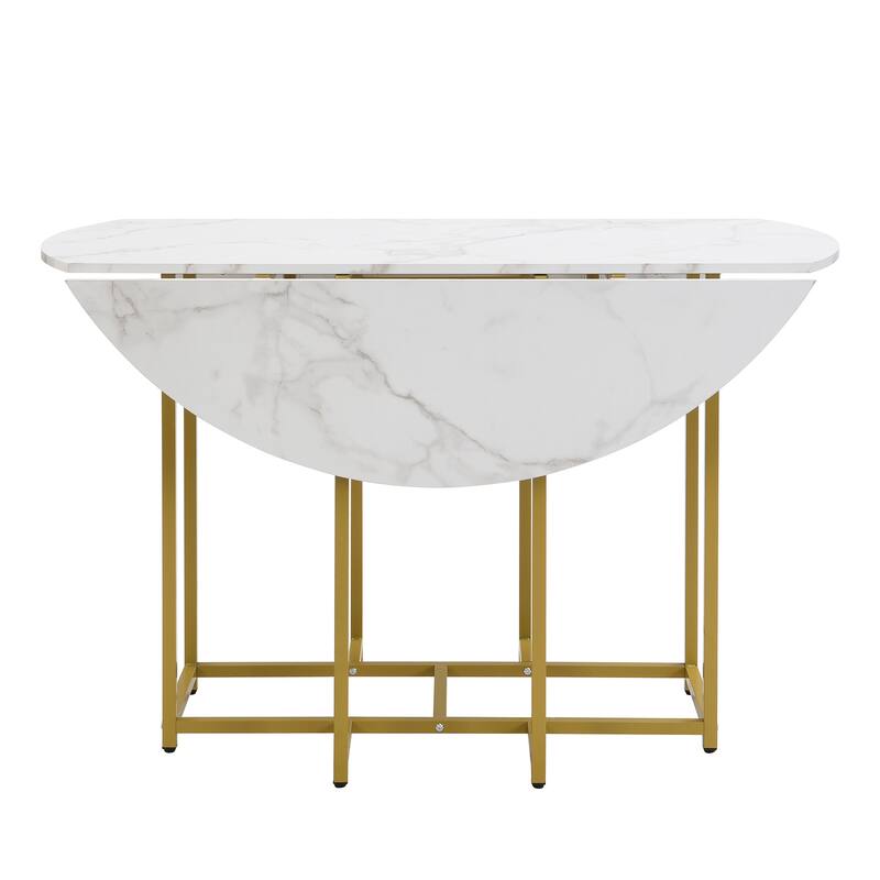 Roomfitters Space-Saving 5-Piece Extendable Dining Table Set with Round Faux Marble Top, 4 Upholstered Chairs