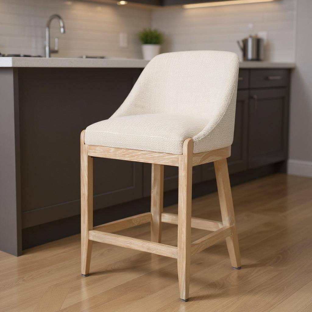 HomeRoots 27" Beige and Natural Fabric and Solid Wood Counter Height Bar Chair