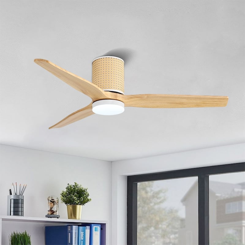 MLiAN 52 In. 3 Solid Wood Blades Flush Mount Ceiling Fan with Light Kit - 52" - Wood Grain
