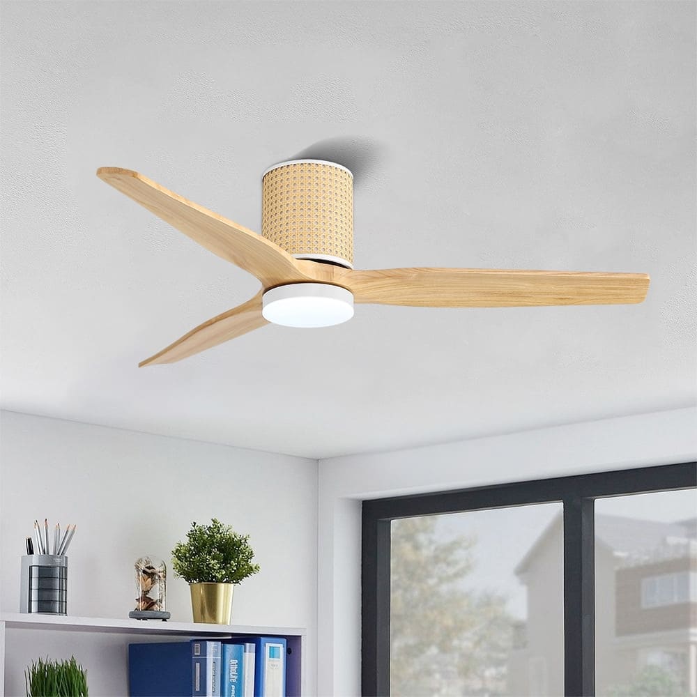 MLiAN 52 In. 3 Solid Wood Blades Flush Mount Ceiling Fan with Light Kit - 52"