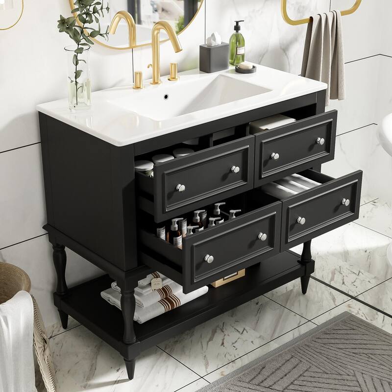 36" Bathroom Vanity Cabinet with Sink Combo Set, Undermount Ceramic Sink, Free Standing Vanity Set with 4 Drawers - Black