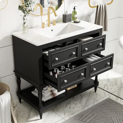 36" Bathroom Vanity Cabinet with Sink Combo Set, Undermount Ceramic Sink, Free Standing Vanity Set with 4 Drawers