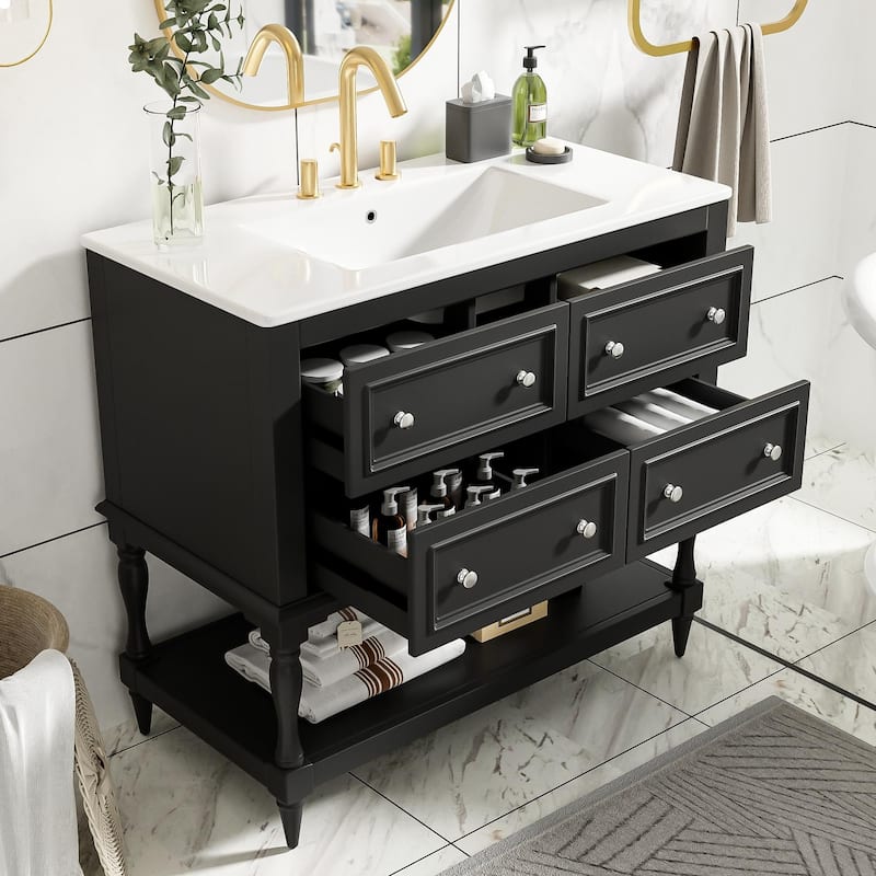 GDFStudio - Wesbridge Modern Bathroom Vanity Set with Ceramic Sink and 4 Storage Drawers - 36'W
