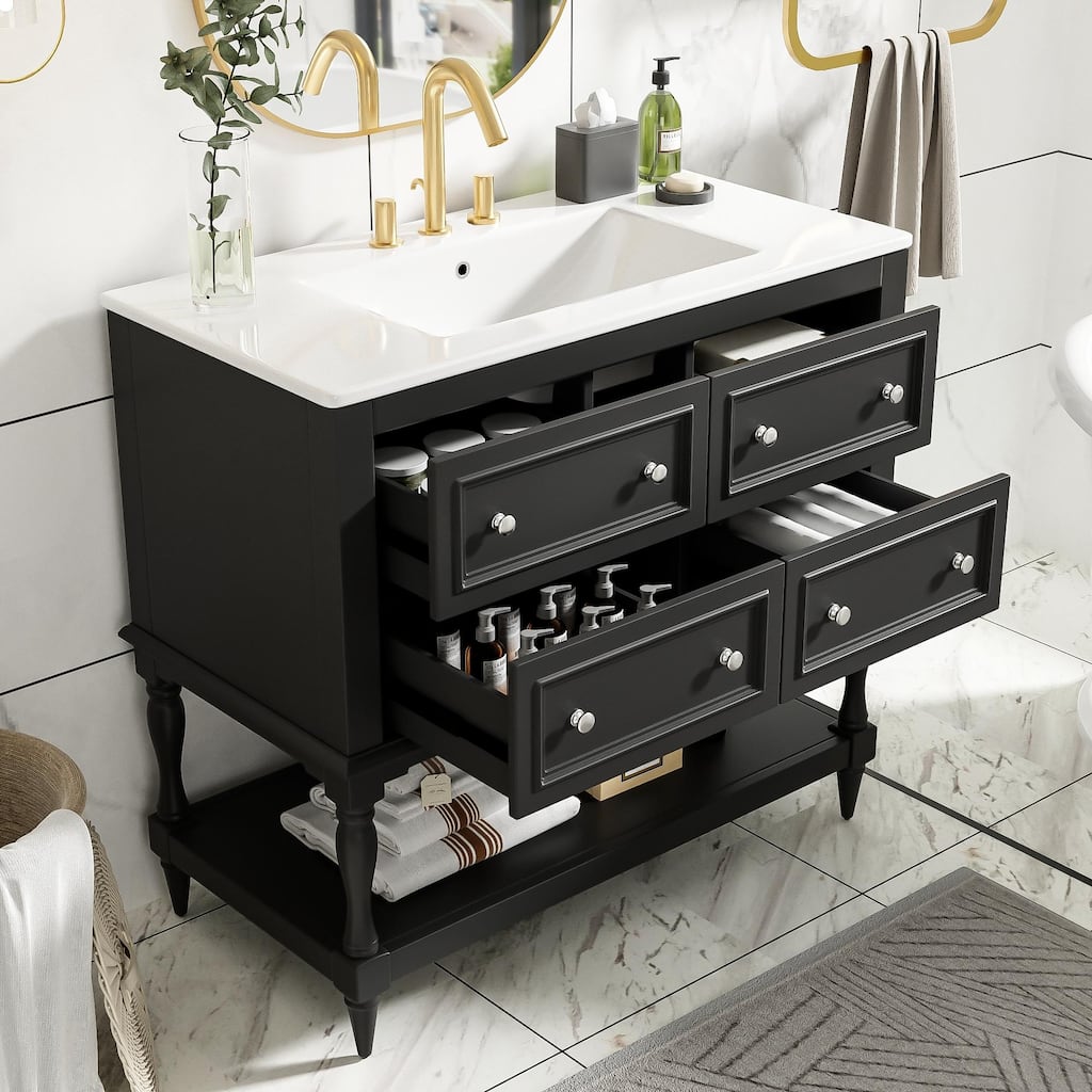 Roomfitters 36" Vanity with Undermount Ceramic Sink, Solid Wood Cabinet with 4 Drawers, Freestanding Bathroom Set