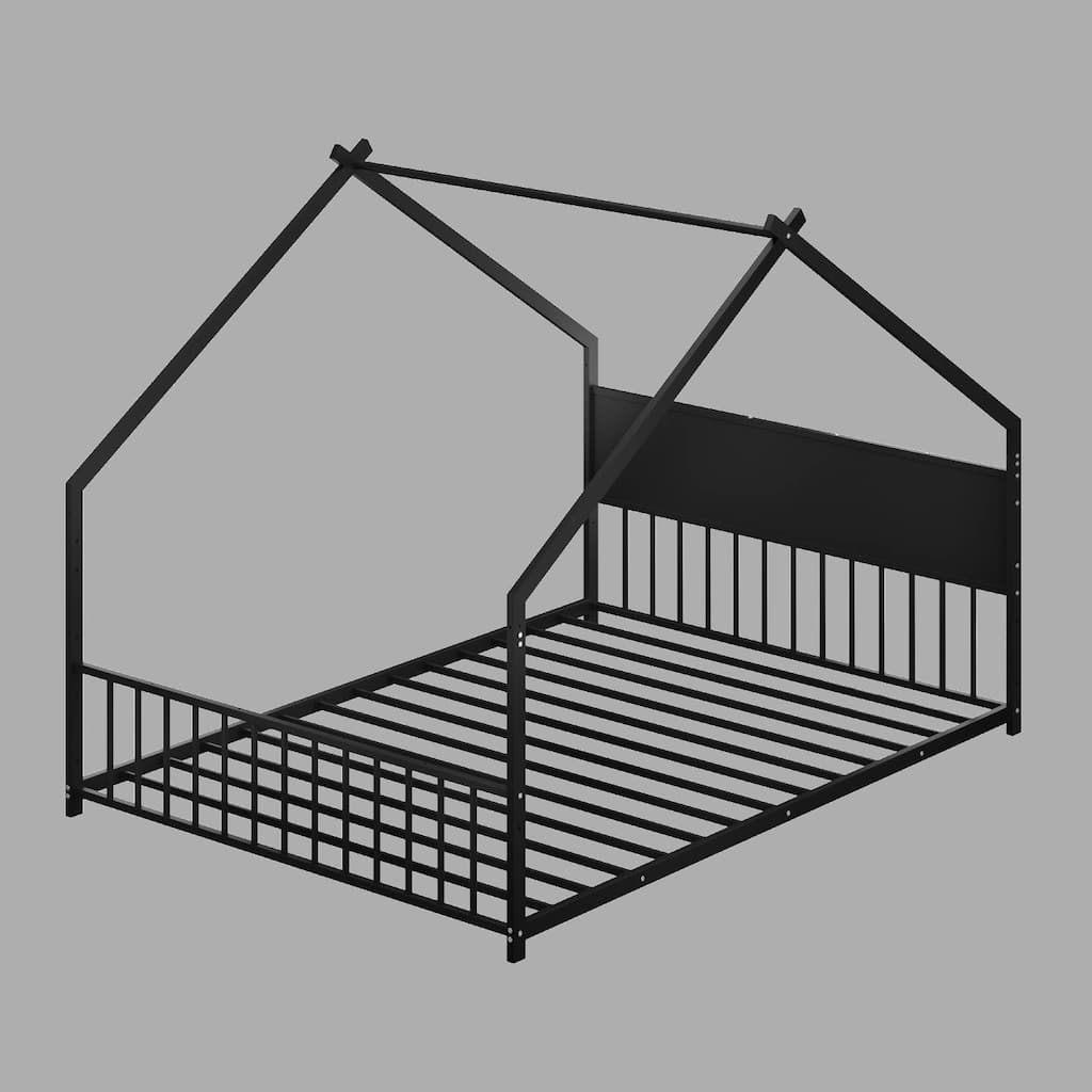 Kids Full Size House Bed with Roof and Colorful LED Lights, Sturdy Metal Frame, No Box Spring, Safe Low Design