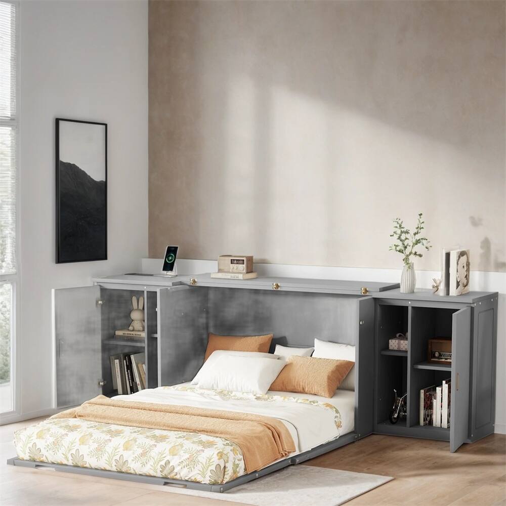 Full Size Multi-function Murphy Bed w/ USB Ports,Cabinets and Shelves