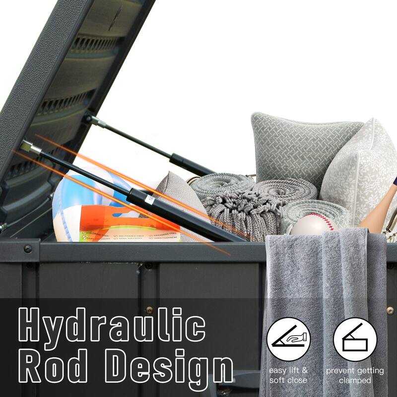 ​​Dark Grey Heavy Duty Deck Box with Lockable Wheels and Seat Table Lid for Patio Poolside and Garden