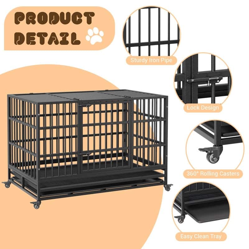 Heavy Duty Dog Crate withDouble Door Wheels ChewProof Metal Kennel for Small Dogs Easy to Assemble